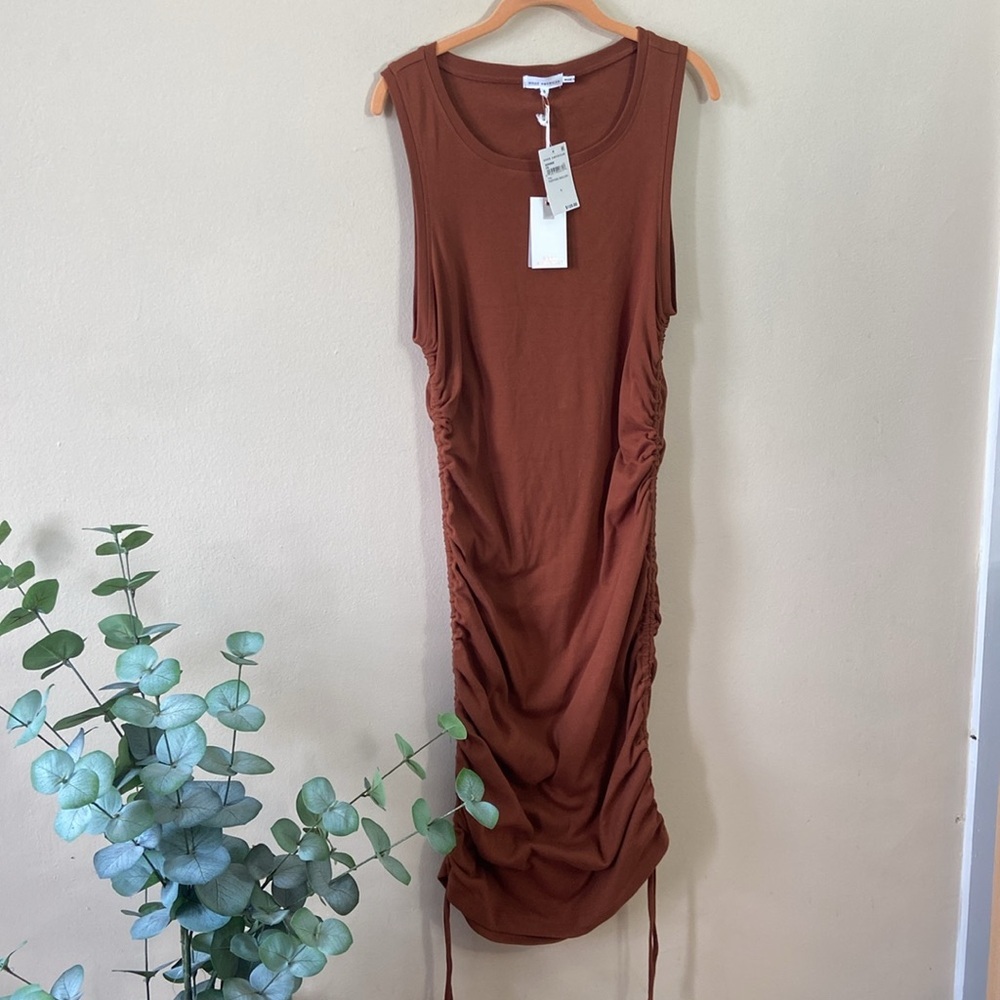 New Brown Good American Ruched Dress BodyCon 5 Large Cotton Stretch Short Casual